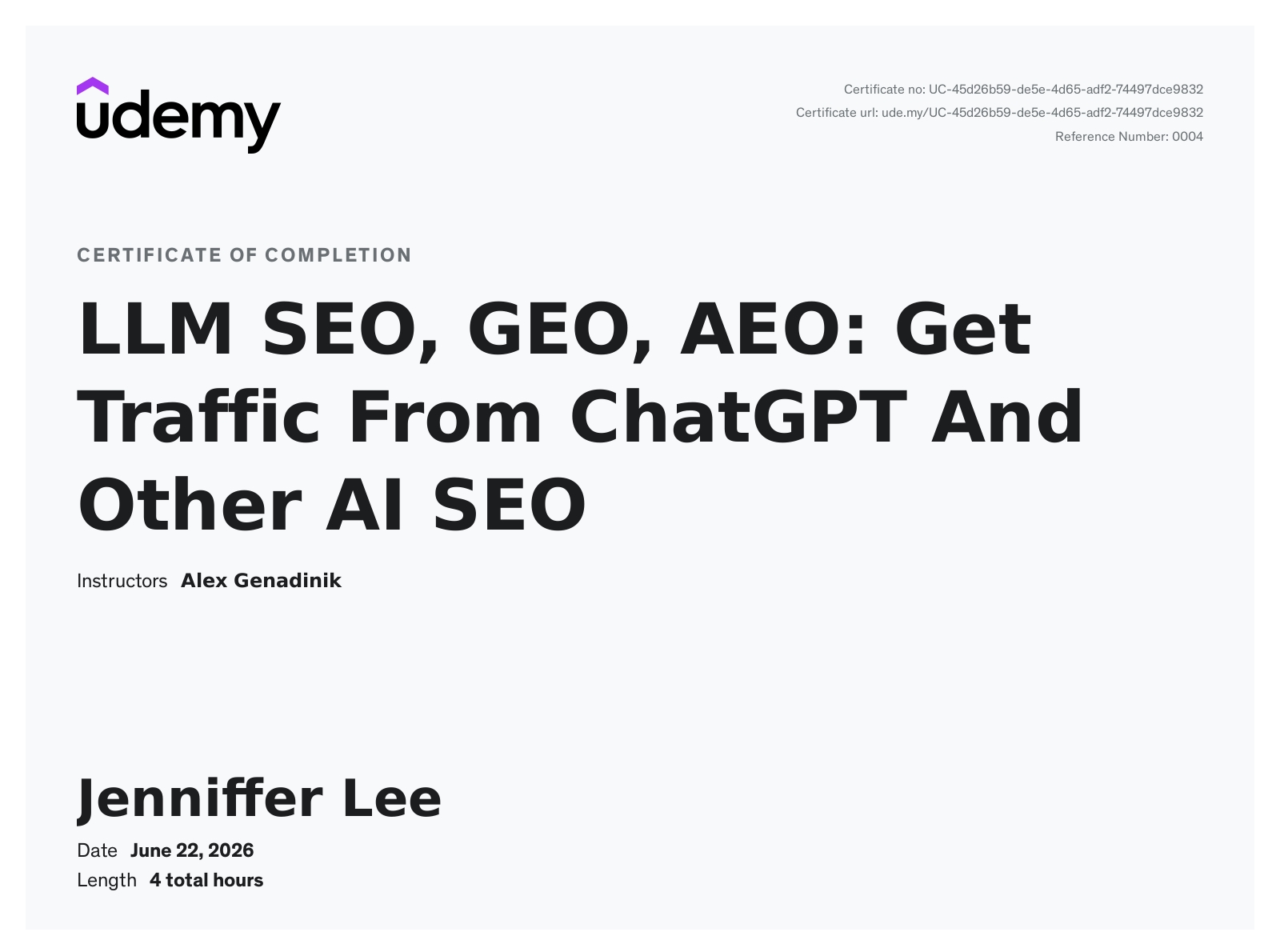 Udemy LLM SEO, GEO, and AEO Certification